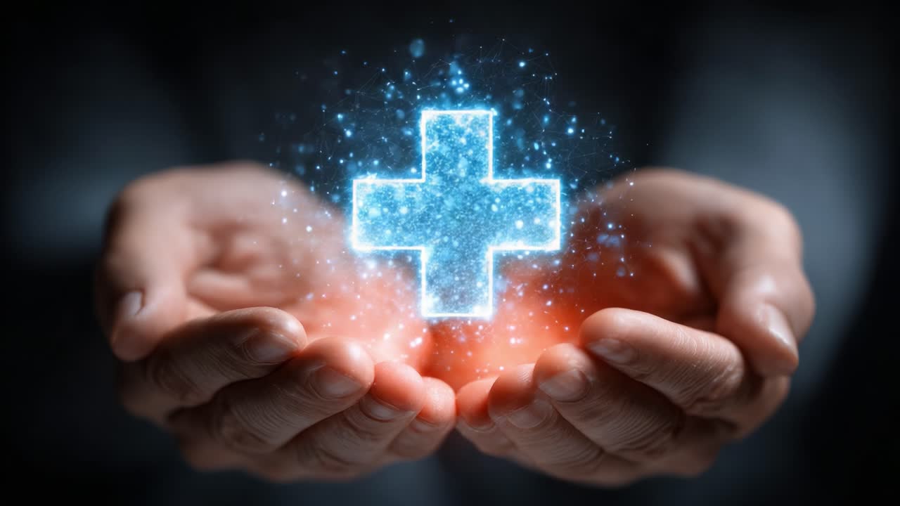 A Symbol of Healing: Hands Embrace a Digital Medical Cross, Illustrating the Intersection of Technology and Healthcare