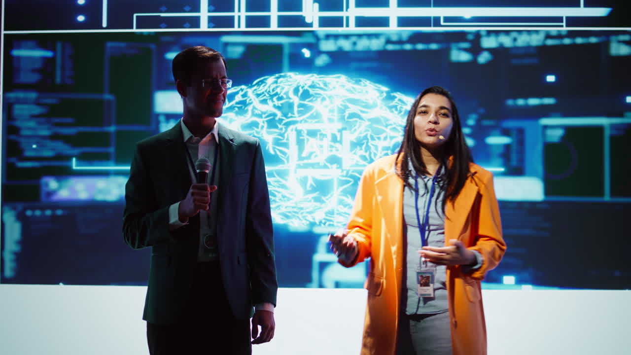 Tech specialists discussing during AI keynote summit presentation