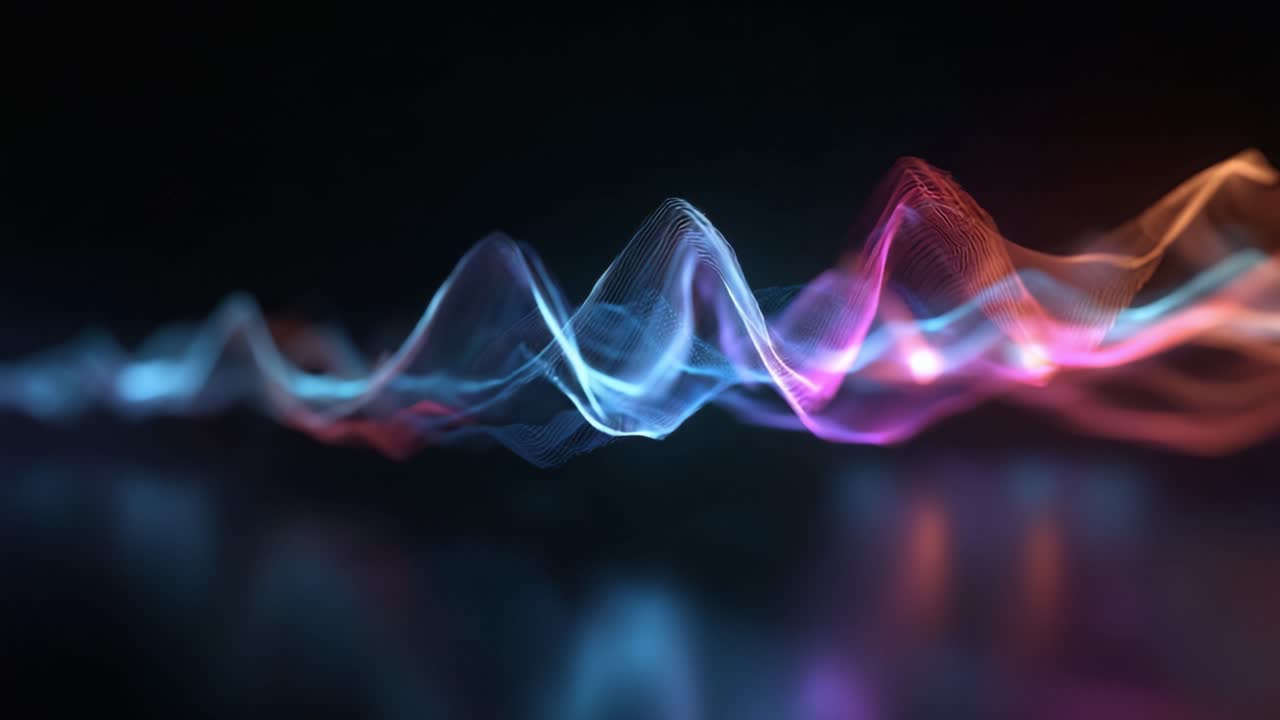 Visual Representation of Audio Waves in Abstract Colorful Spectrum with Floating Elements Creating a Dynamic and Engaging Audio Experience in Motion