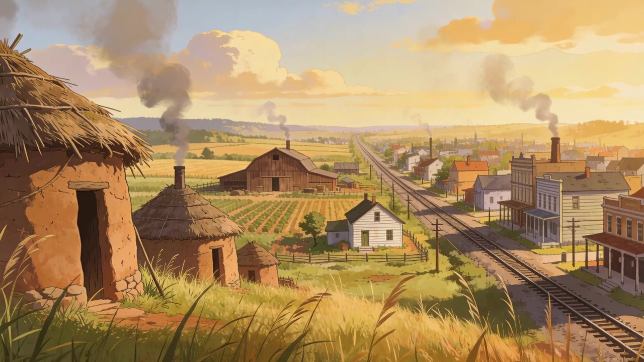 Framing thatched huts sitting on hillside near railroad, wind carrying smoke, copy space