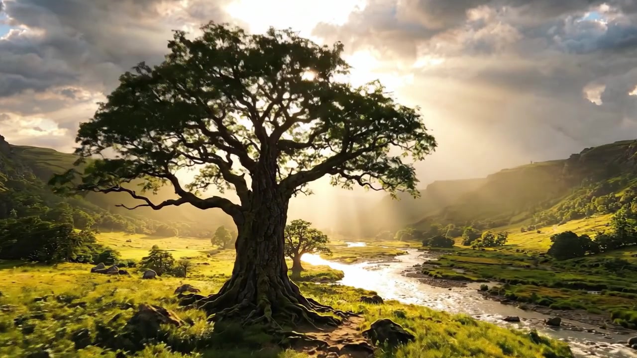 Uma Árvore Majestosa Permanecendo Resiliente em um Vale Exuberante, Iluminada por Raios de Sol Radiantes Atravessando Nuvens Dramáticas, Capturando a Essência do Esplendor da Natureza