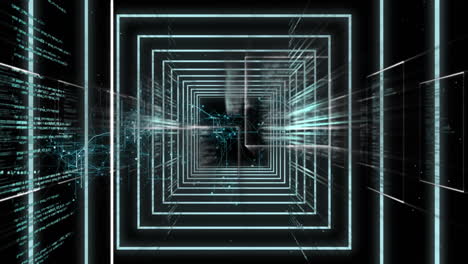 animation of squares moving in tunnel with information scrolling and floating on black background