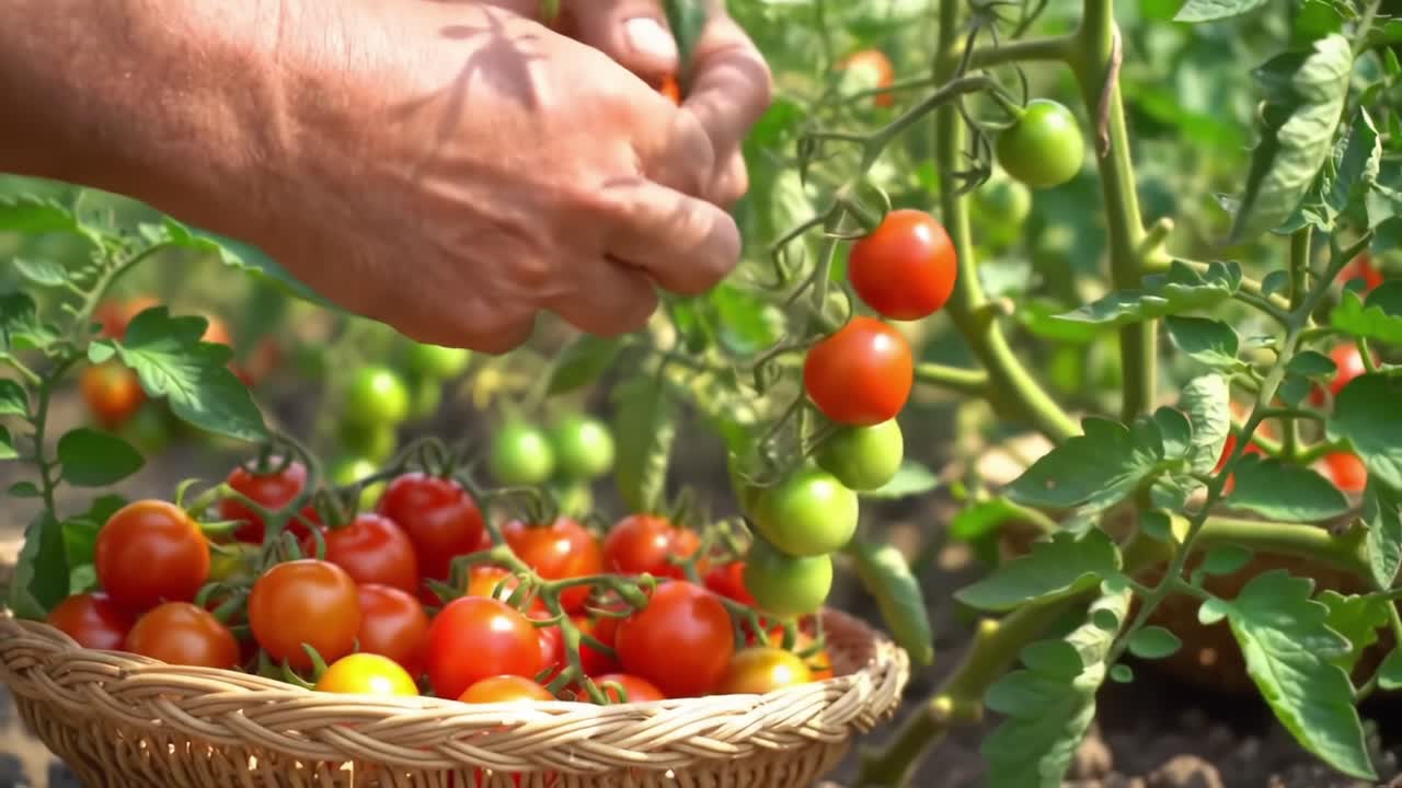 Harvesting Ripe Tomatoes in a Sunny Garden During the Summer Season