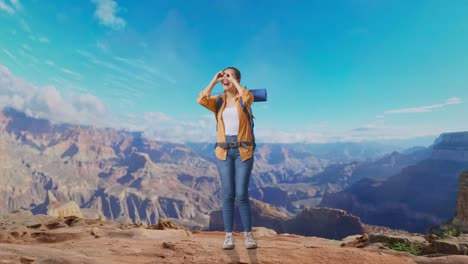 full body of asian female hiker with mountaineering backpack smiling and making binoculars gesture then looking around while traveling at the top of mountain