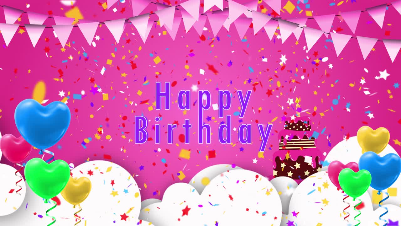 Happy Birthday Greeting Card with Balloons, Confetti, and Cake