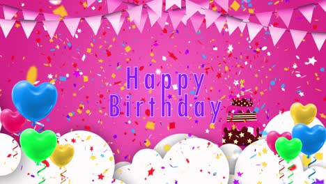 happy birthday greeting card with balloons, confetti, and cake