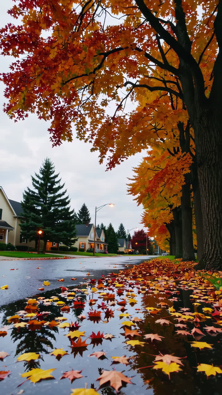 Vibrant Autumn Leaves on a Wet Residential Street