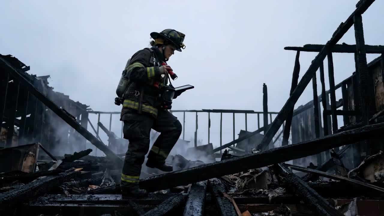 Firefighter Inspecting Burnt Wreckage