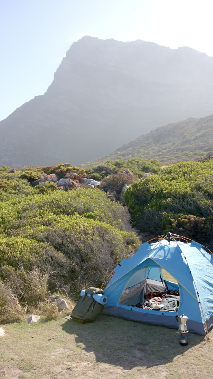 Vertical video: Camping in blue tent in scenic mountain landscape with lush greenery