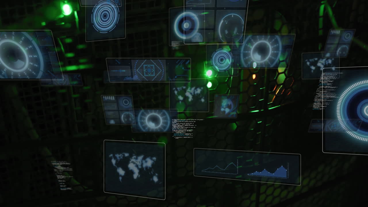 Holographic data analysis and global connectivity animation over dark technological background