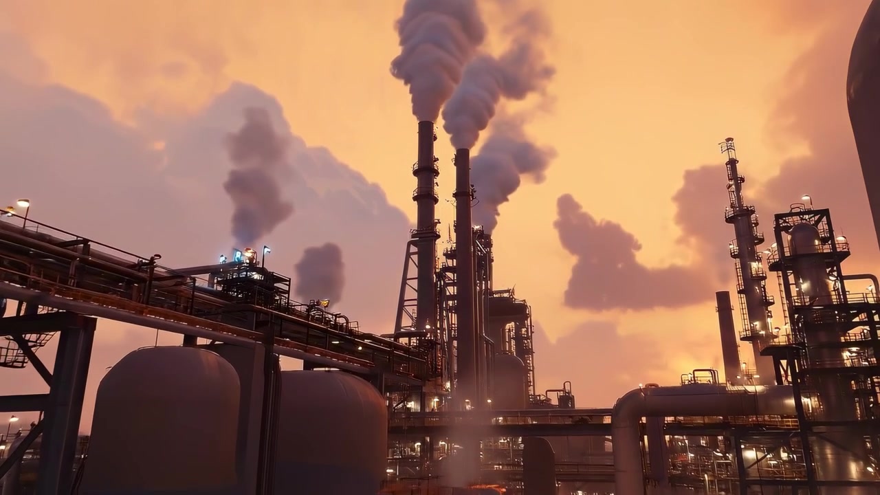 Industrial Complex with Smoking Chimneys at Dusk