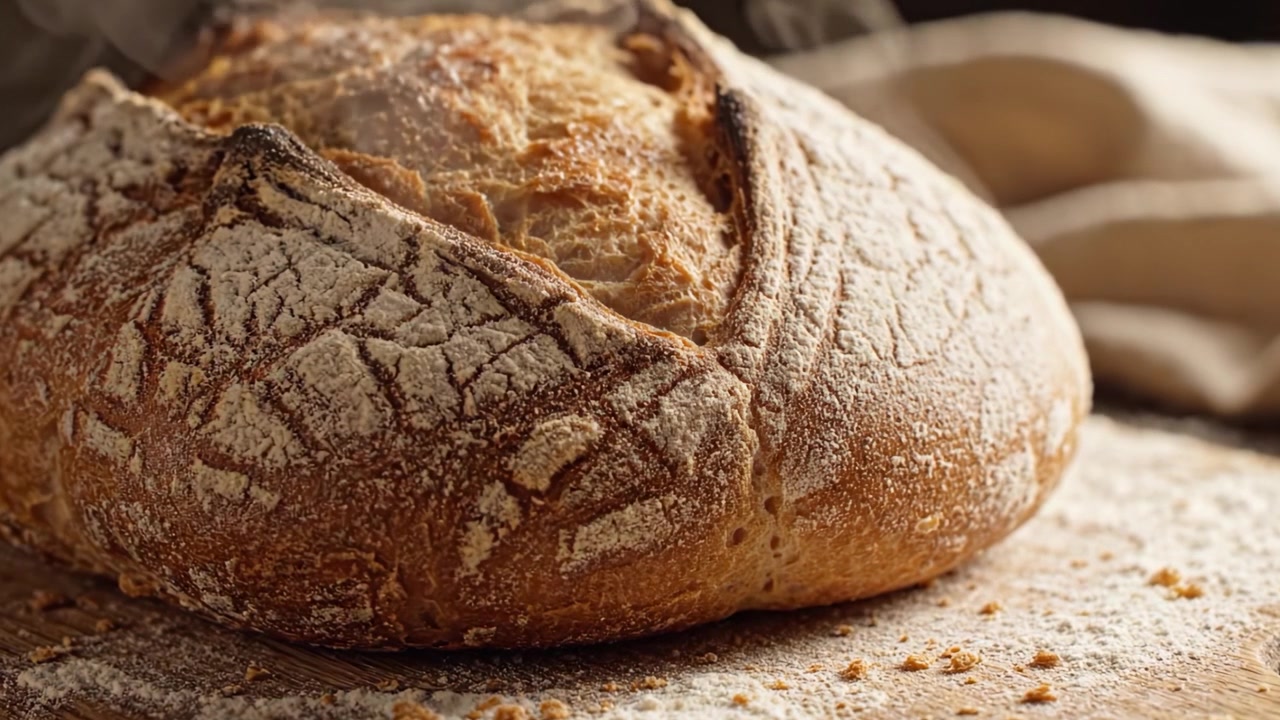 Freshly Baked Artisan Bread with a Crispy Crust and Steam Rising, Showcasing the Perfect Texture and Golden Brown Color, Ideal for Culinary Enthusiasts and Food Lovers