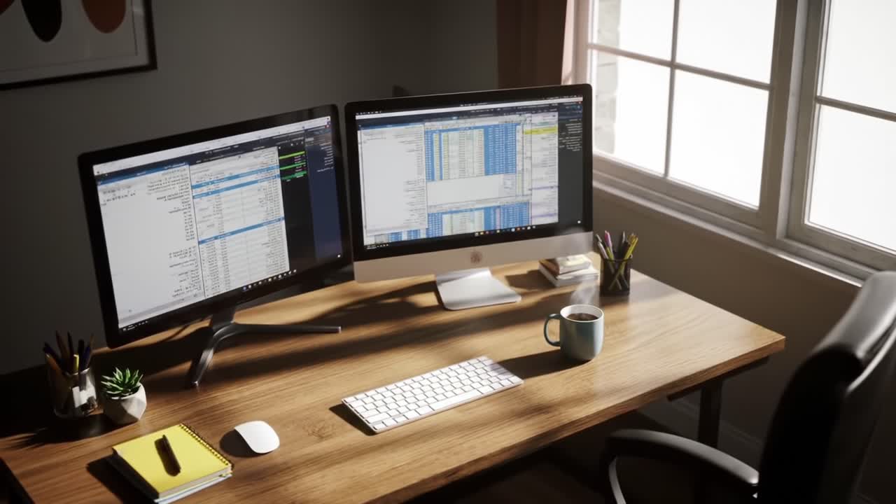A Well-Organized Home Office Setup Featuring Dual Monitors, a Cozy Desk Space, and a Bright Window That Invites Natural Light into the Workspace