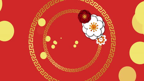 animación de patrón chino y decoración floral en fondo rojo.