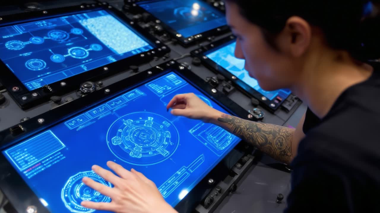 A Focused Operator Engaging with High-Tech Control Interfaces in a Futuristic Command Center, Analyzing Data and Managing Complex Systems with Precision and Skill