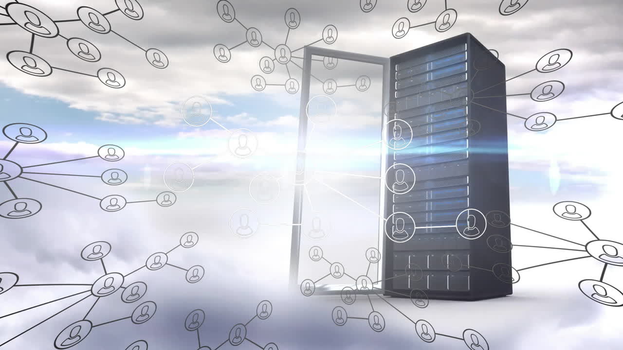 Animation of network of connections with people icons and data processing over server