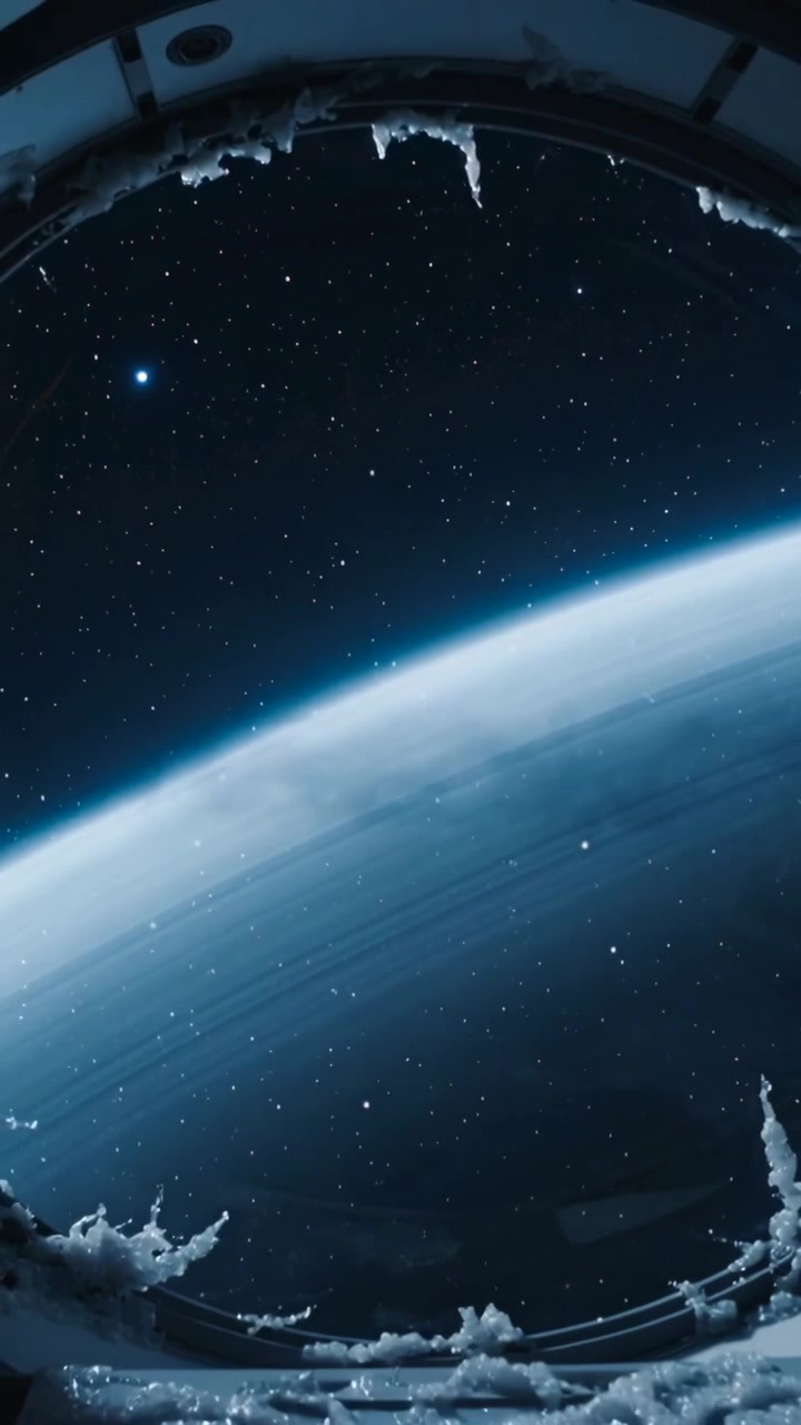 Video verticale: Telecamera rotante che rivela il bordo del pianeta attraverso un oblò smerigliato, inquadrando il pianeta e le stelle.