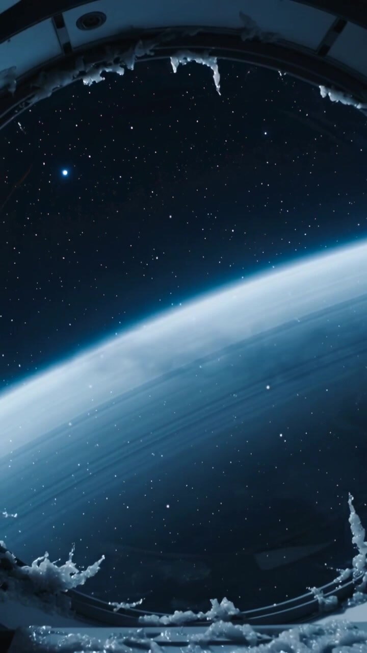 Video verticale: Telecamera rotante che rivela il bordo del pianeta attraverso un oblò smerigliato, inquadrando il pianeta e le stelle.