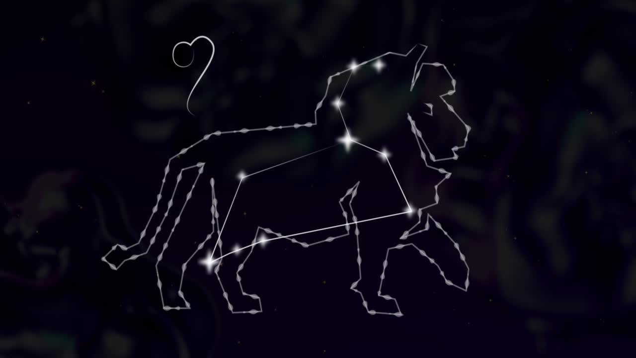 Animation des Sternzeichens Löwe mit leuchtenden Sternen.