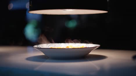 close up view in slow motion of a smoky pasta dish under warm spot light in a fine dining restaurant