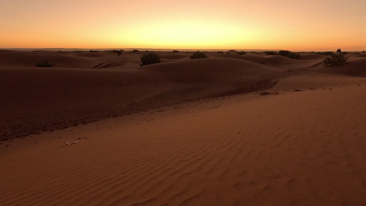 Golden Sky Sunrise In The Merzouga Desert, Morocco. Tilt-up Shot