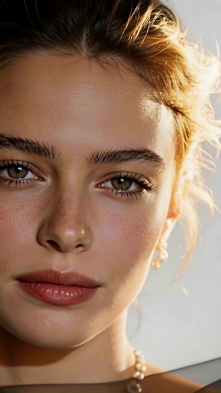Video verticale: Modella con top senza spalline che mantiene lo sguardo, con un velo che fluttua da un ventilatore da studio, mostrando perle