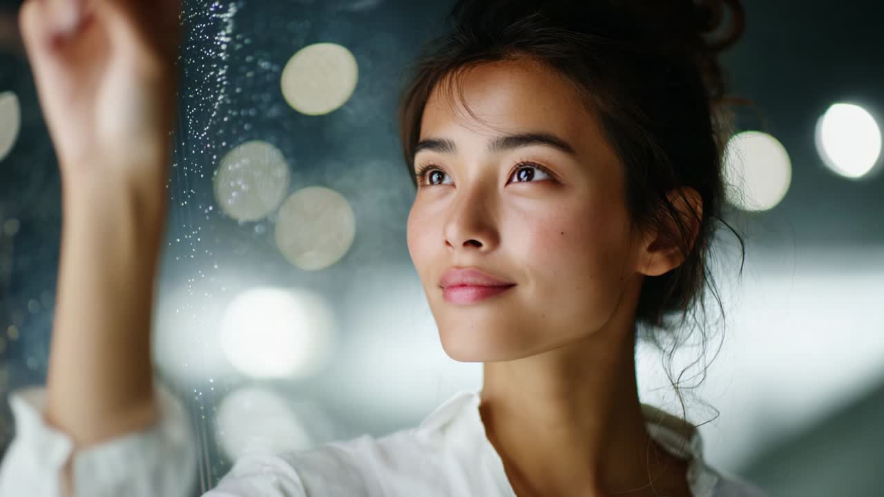 A young woman gazes thoughtfully while interacting with a glass surface covered in raindrops, creating an intimate atmosphere with soft lighting and a dreamy bokeh background, capturing a moment of serenity and reflection