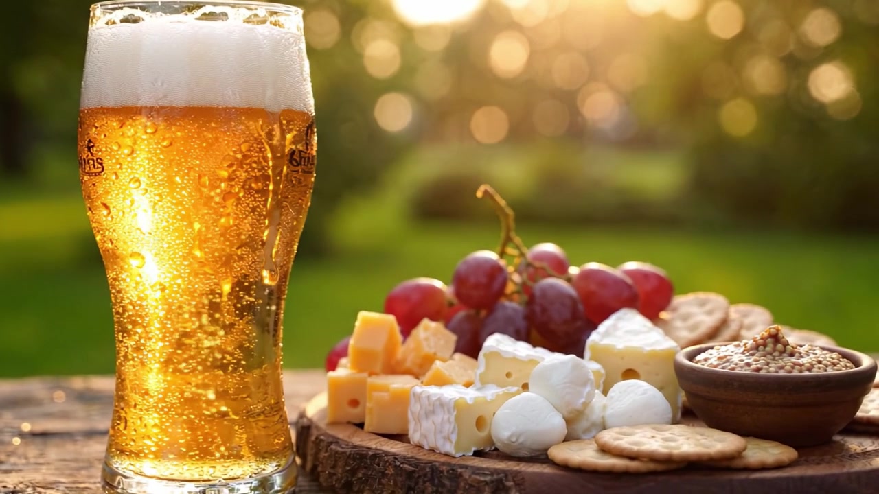 Um copo refrescante de cerveja acompanhado por uma tábua gourmet: queijo, uvas e bolachas salgadas, perfeito para encontros ao ar livre.