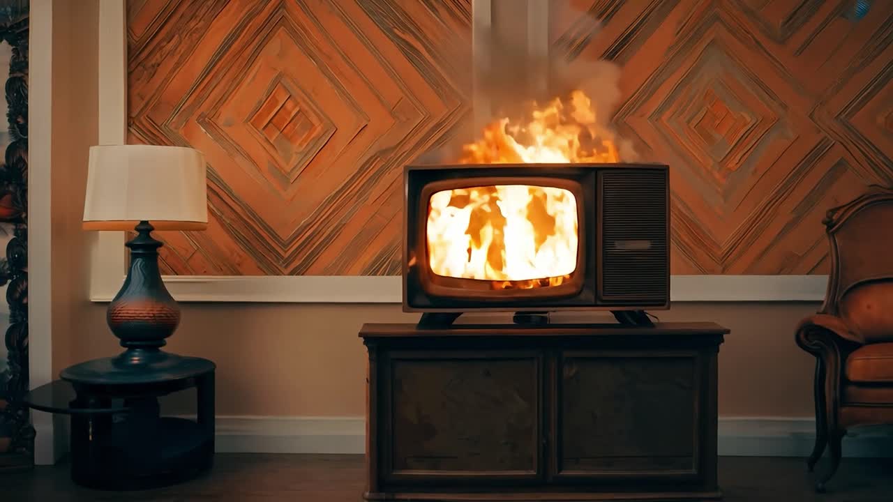 거실 에 불 을 붙인 빈티지 텔레비전