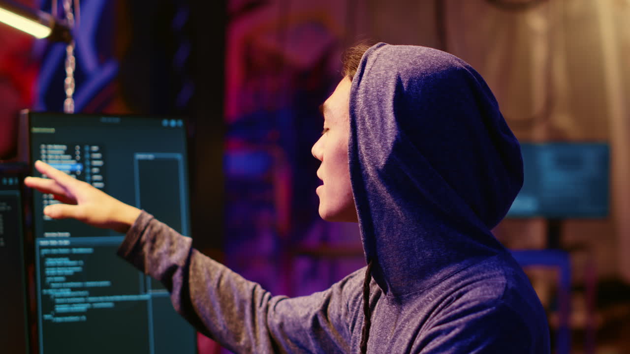 Hooded hacker coding malware