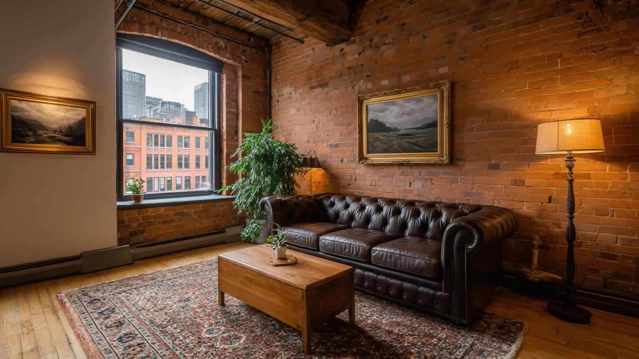 A Cozy Living Room Featuring a Stylish Leather Couch, Wooden Coffee Table, and Charming Decor Against a Rustic Brick Wall, Perfect for Relaxation and Socializing