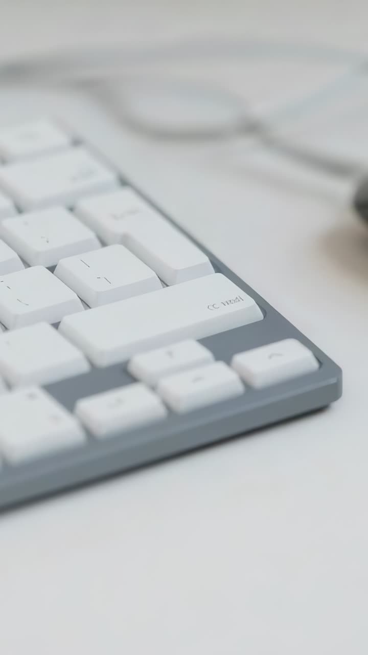 Lodret video: Skiftende kamera viser hvidt tastatur, kablet mus på skrivebord, fokuserer på musen