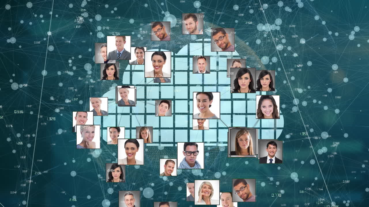 анимация различных людей иконки над облаком и сетью соединений