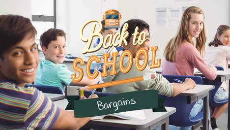 Animation-of-back-to-school-text-over-schoolkids-in-classroom