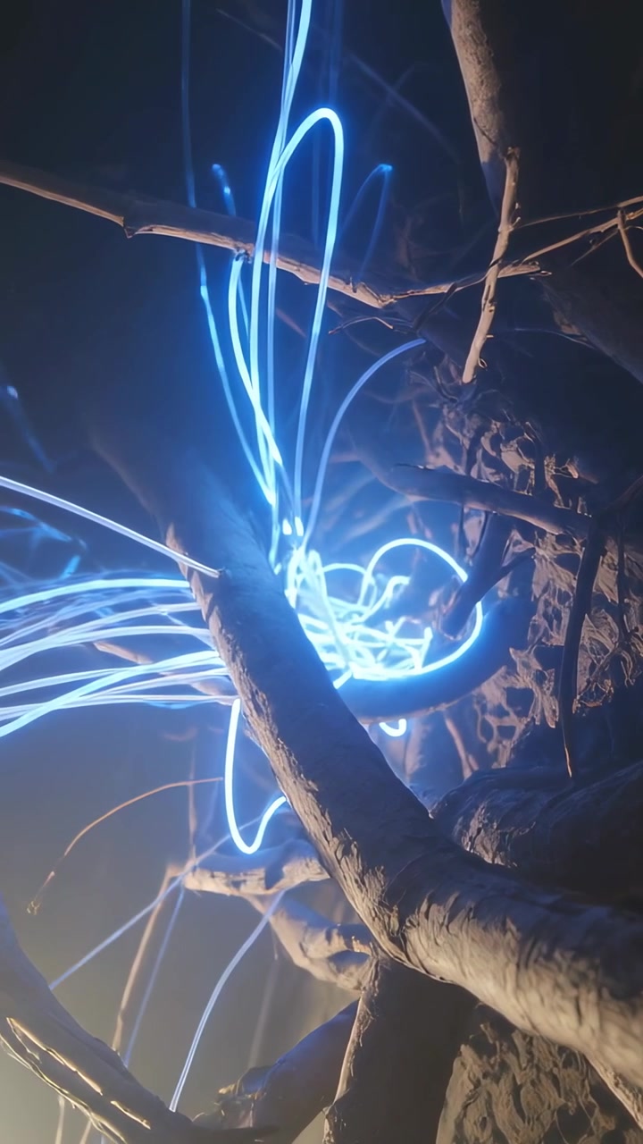 Vertical video: Moving light weaving blue trails across tree trunk and roots at base for light art
