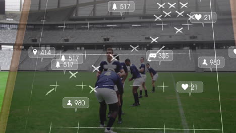animación de barras de notificación, estrategia en pizarra sobre diversos jugadores de rugby jugando partido