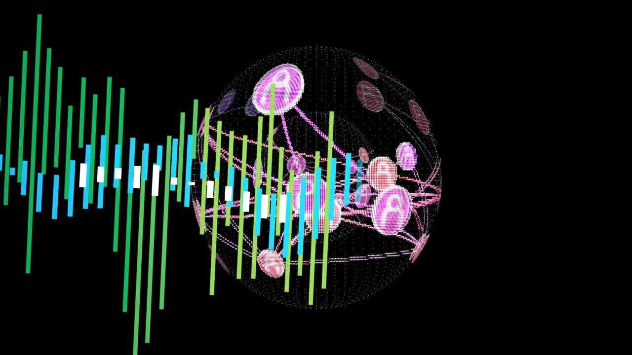 Animation of data processing over globe of connections on black background