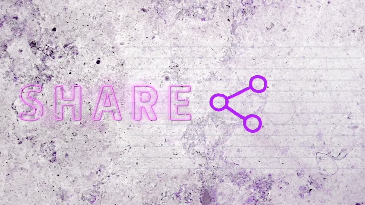 Digital animation of share text and symbol against grunge effect on grey background