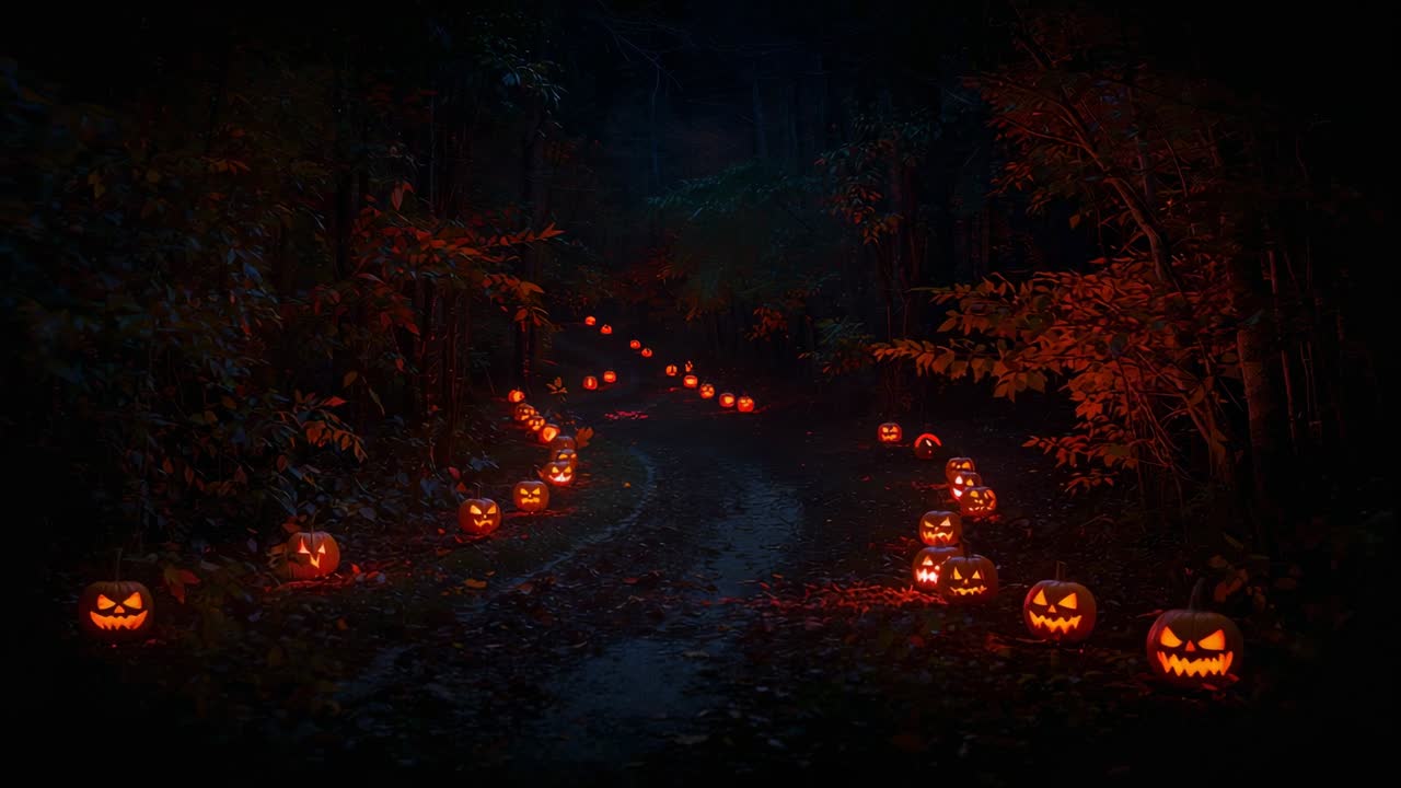 Flickering carved pumpkin flames pulsing along dirt path under trees at night, lighting leaves