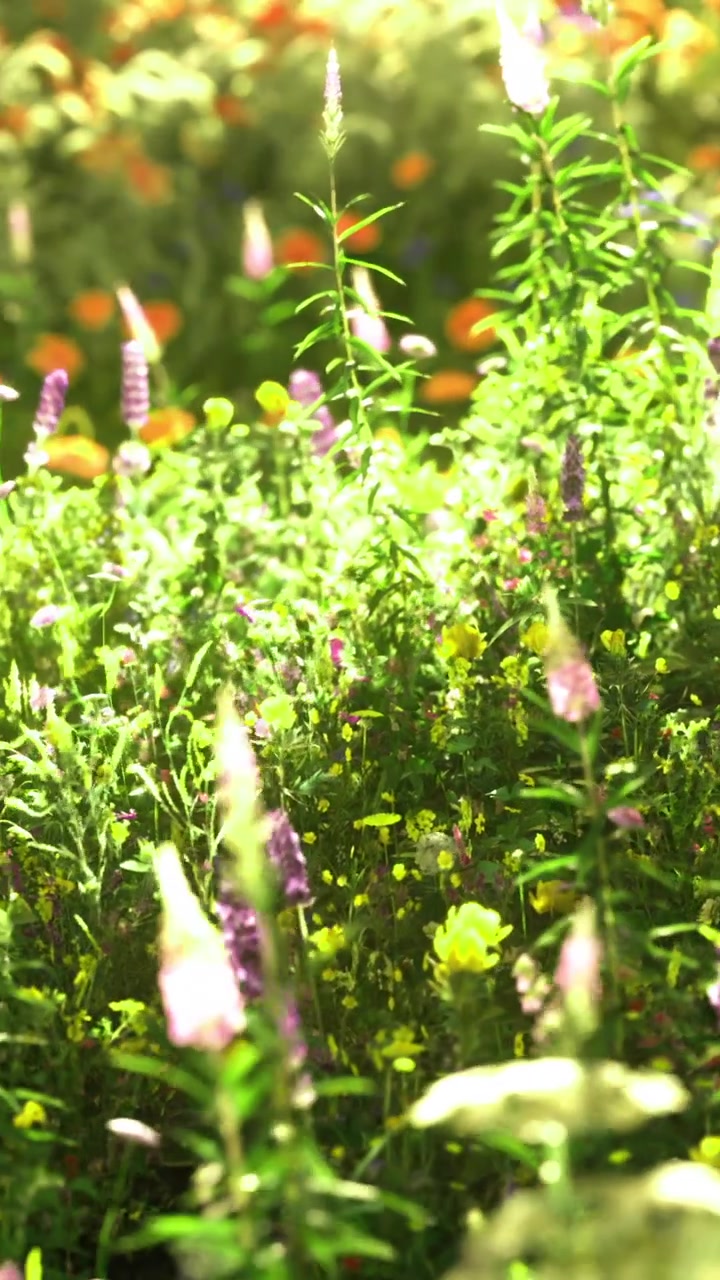 Fiori vivaci sbocciano in un giardino in un pomeriggio soleggiato di primavera.