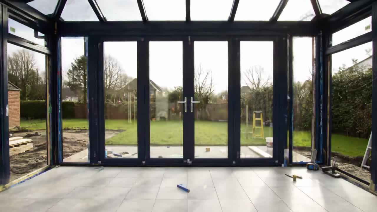 Two workers focus on installing large glass doors in a well-lit garden room. The setting features a spacious outdoor area, showcasing green grass and trees, ideal for relaxation.