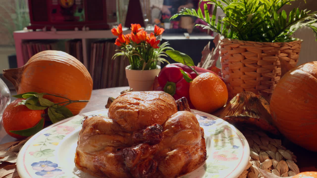 Roasted Chicken with Autumn Harvest Decorations on a Table