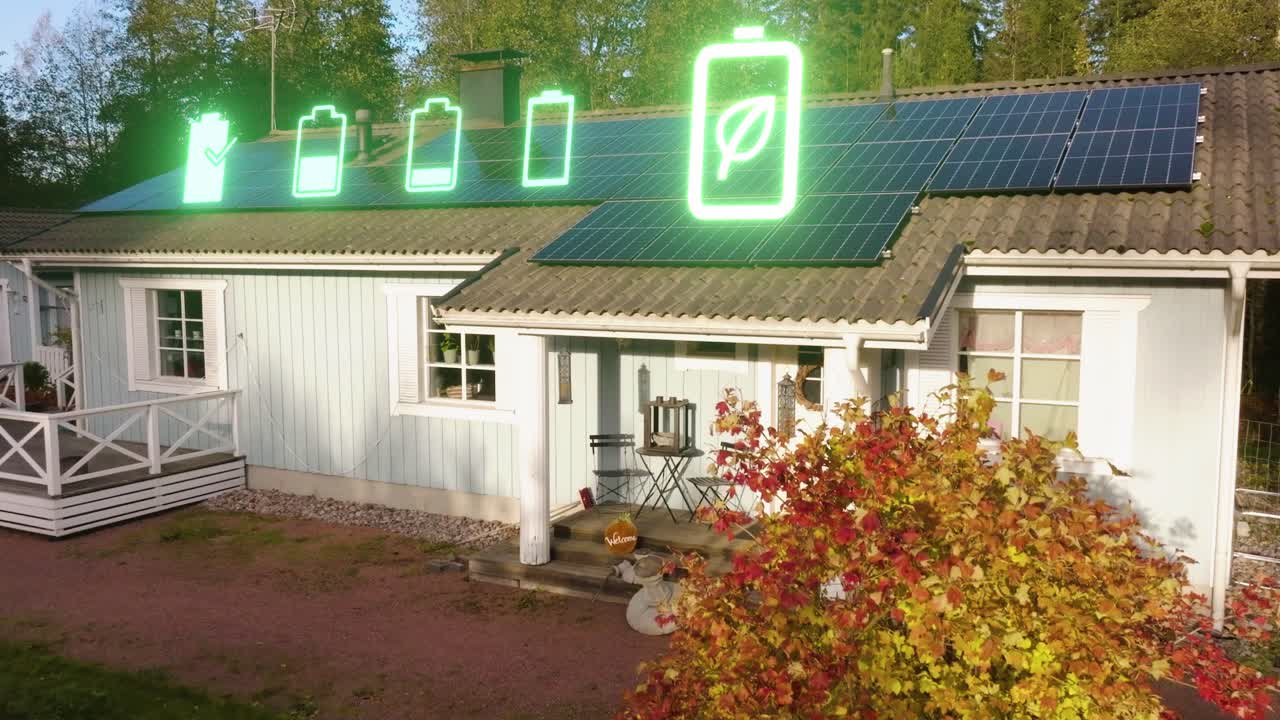 células fotovoltaicas en un techo que cargan energía solar a las baterías - superposición cgi