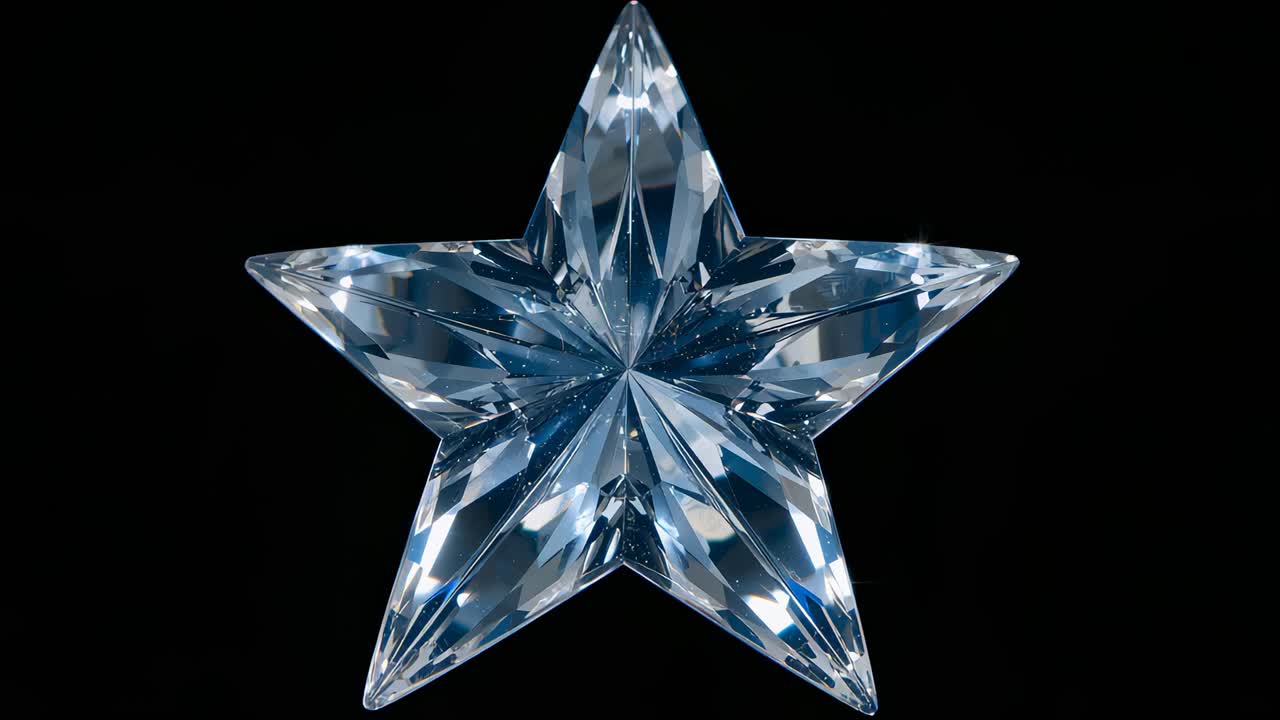 Shifting lights moving blue faceted crystal star forward in studio, revealing central sparkles