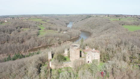 aerial drone footage of the ruined chateau de chateaubrun in creuse, central france