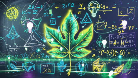 glowing leaf surrounded by mathematical equations and science symbols