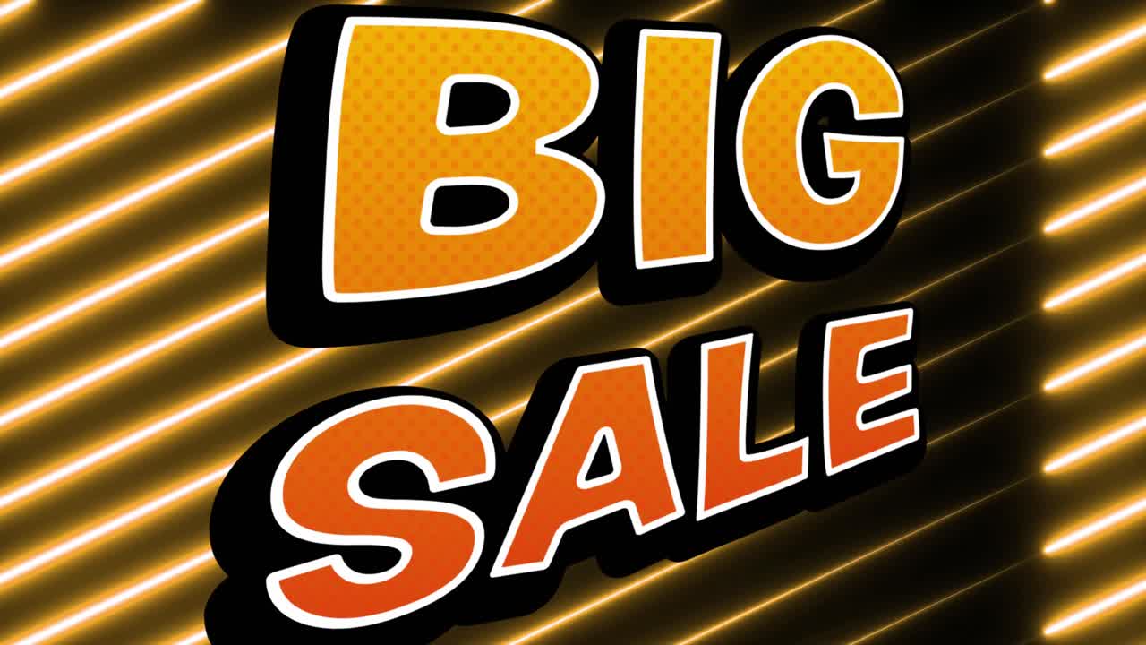 Animation of big sale text and yellow lines over black background