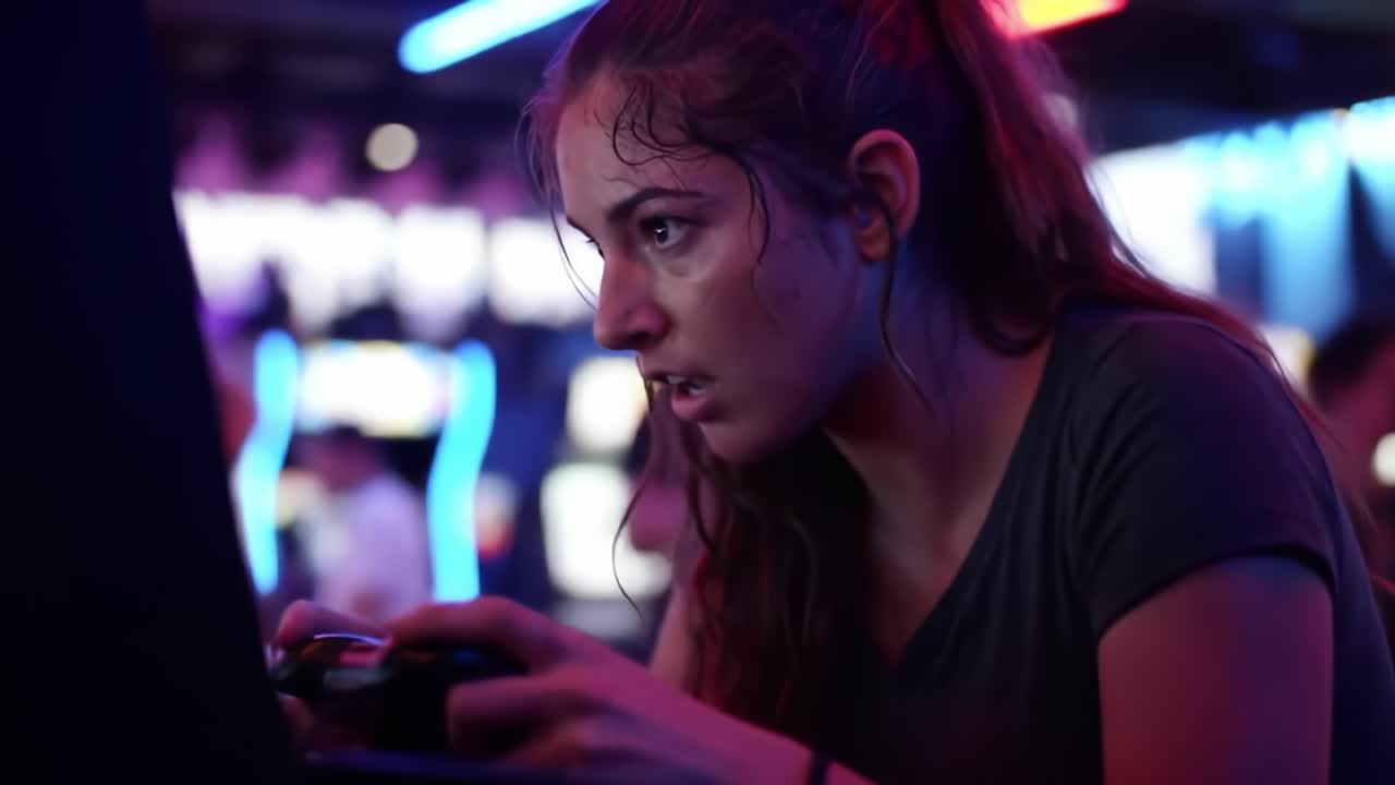 Concentrazione intensa durante il gioco: una giovane donna assorta nella sua sfida di videogiochi in una sala giochi, che cattura l'essenza dell'energia competitiva e della concentrazione