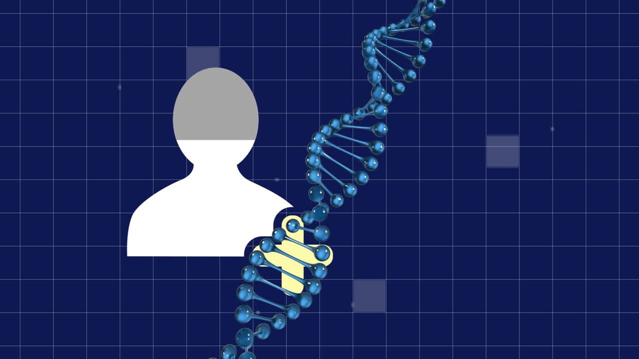 Animation of dna helix, loading human representation and grid pattern over black background