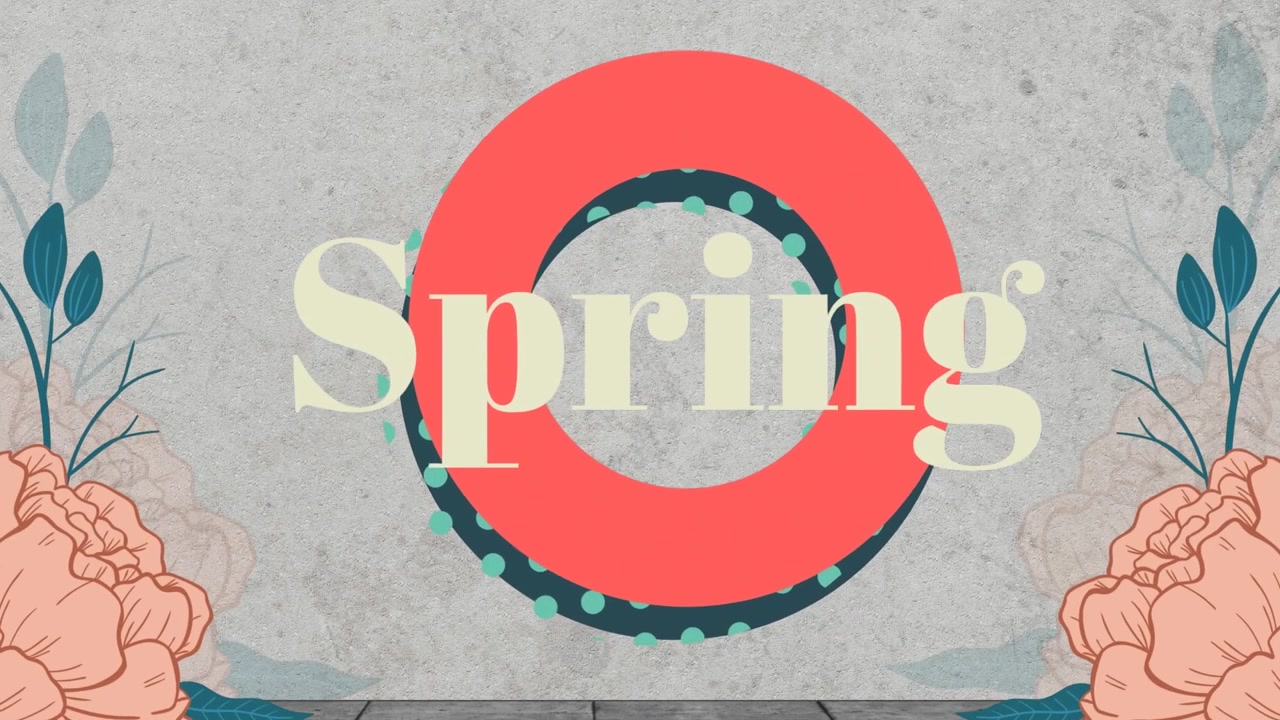 Animation of spring text over flowers and grey background